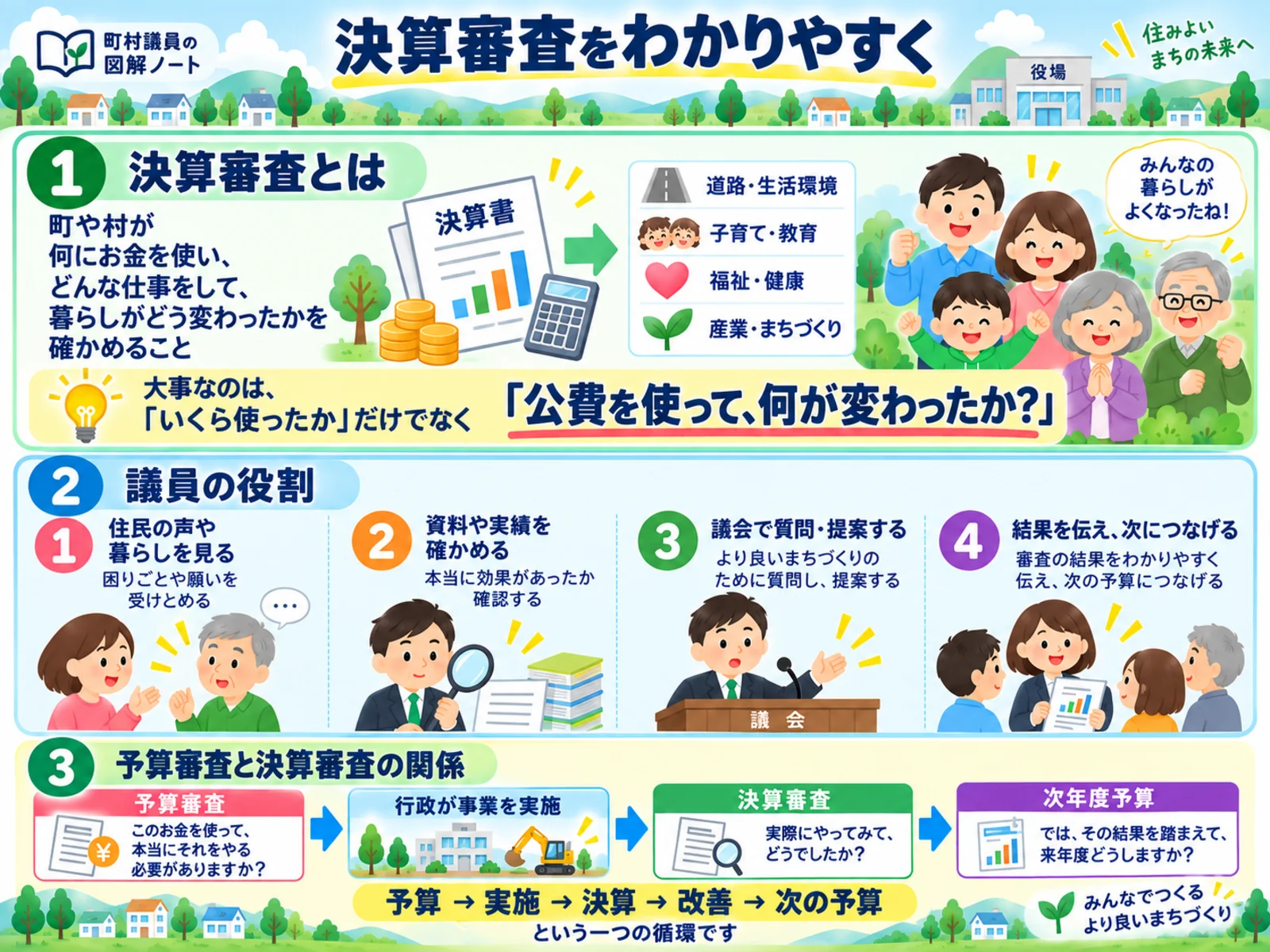 決算審査の意味、議員の役割、予算から次年度予算までの循環を整理した図解