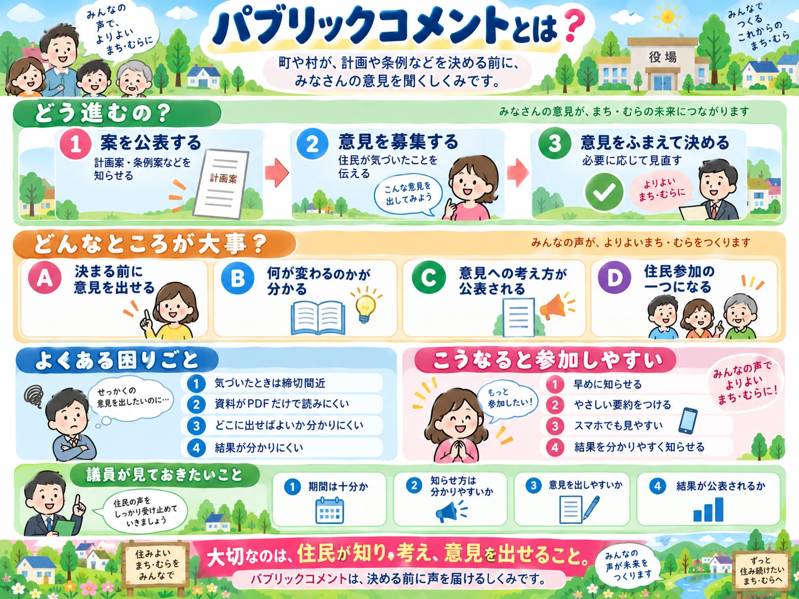 パブリックコメントの流れ、よくある困りごと、参加しやすくする工夫、議員が確認したい点を住民向けに整理した図解